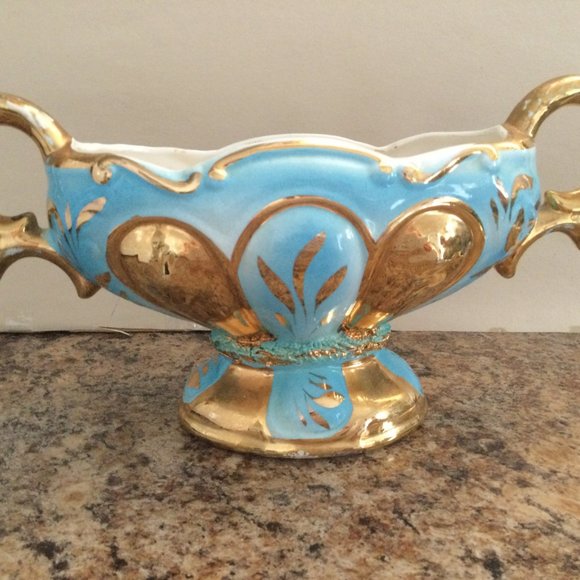 Vintage big bowl footed handled heavy gold gild sky blue hand painted - Picture 2 of 8